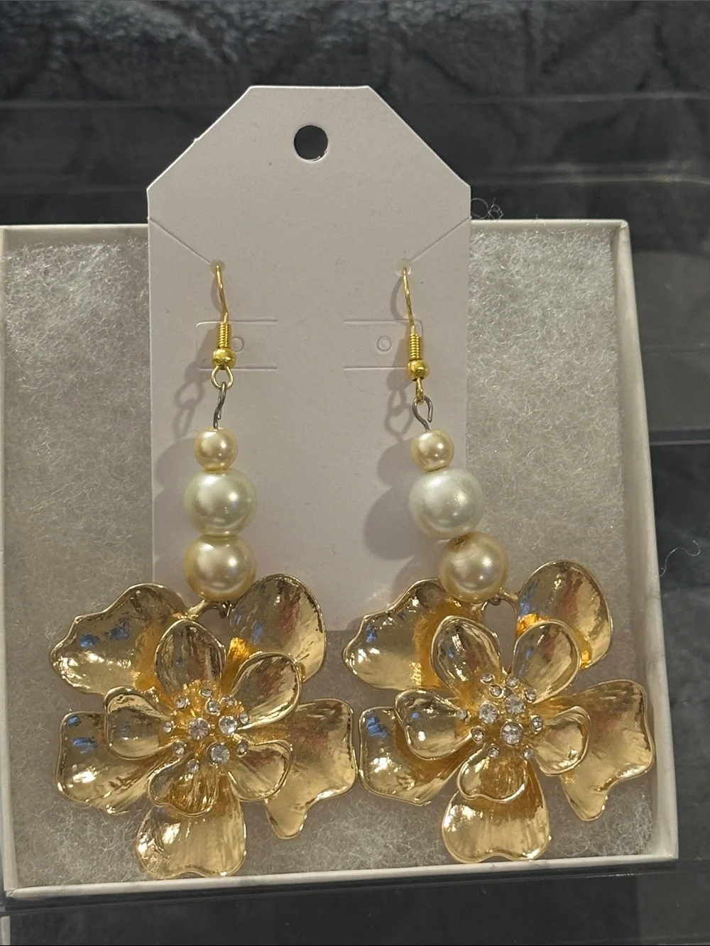 Handmade Gold Floral Drop Earrings with Pearl Beads